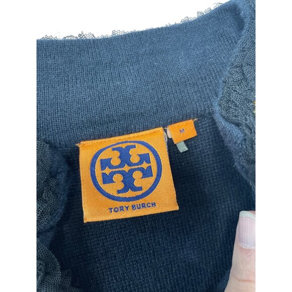 Tory Burch womans Charcoal Gray blue undertones black wool cashmere embelished S - Picture 2 of 13